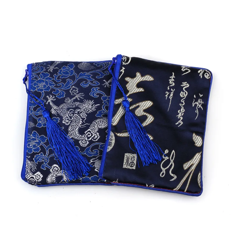 Wholesale 11*15cm Zipper Bag Tassel Brocade Bag Tassel Neck rope Cell Phone Bag Cover Chinese Silk Brocade Glasses Pouches Jewel