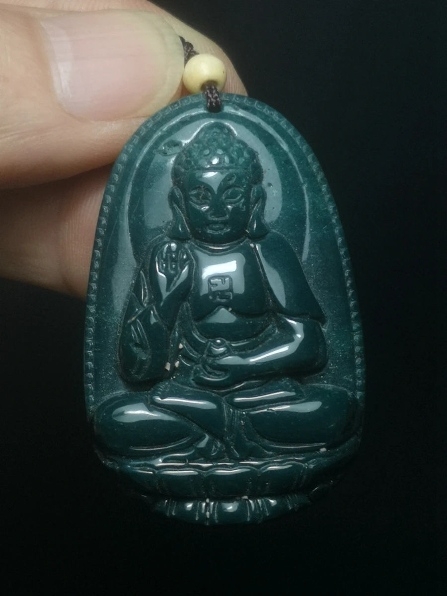 

YIZHU CULTUER ART Chinese Natural Green Jade Hand Carved Buddha Statue necklace Pendant Gift