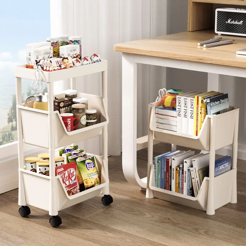 

Trolley Organizer Auxiliary Cart With Wheels Kitchen Furniture Cabinet Storage Rack Mobile Beige Multilayer Plastic Shelf