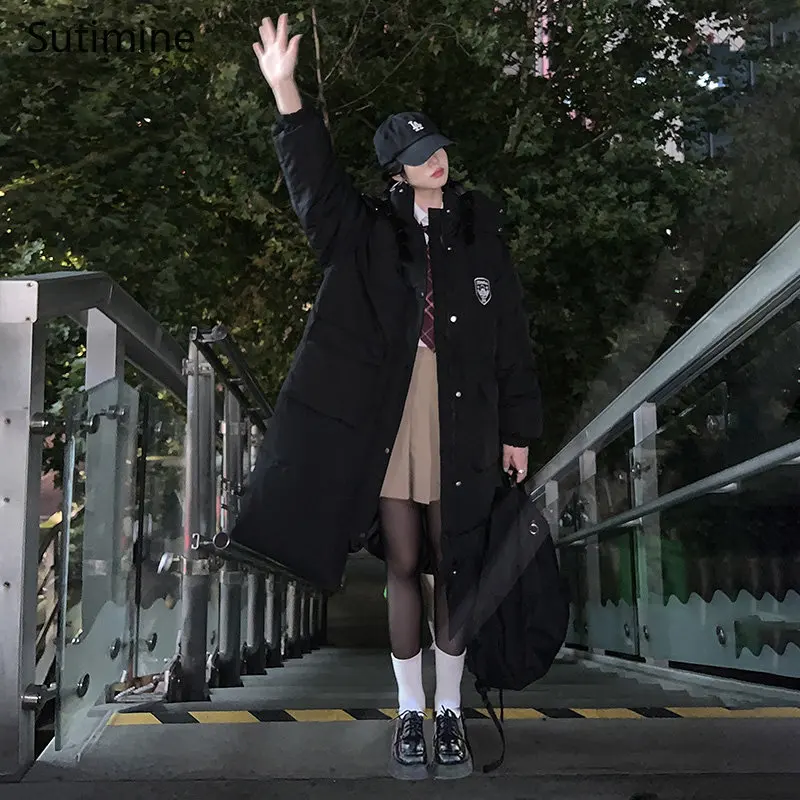 Winter Clothes Women Button Office Lady Women Cotton Coat Hooded Over Knee Down Cotton Coat Loose Pockets Winter Coat Women