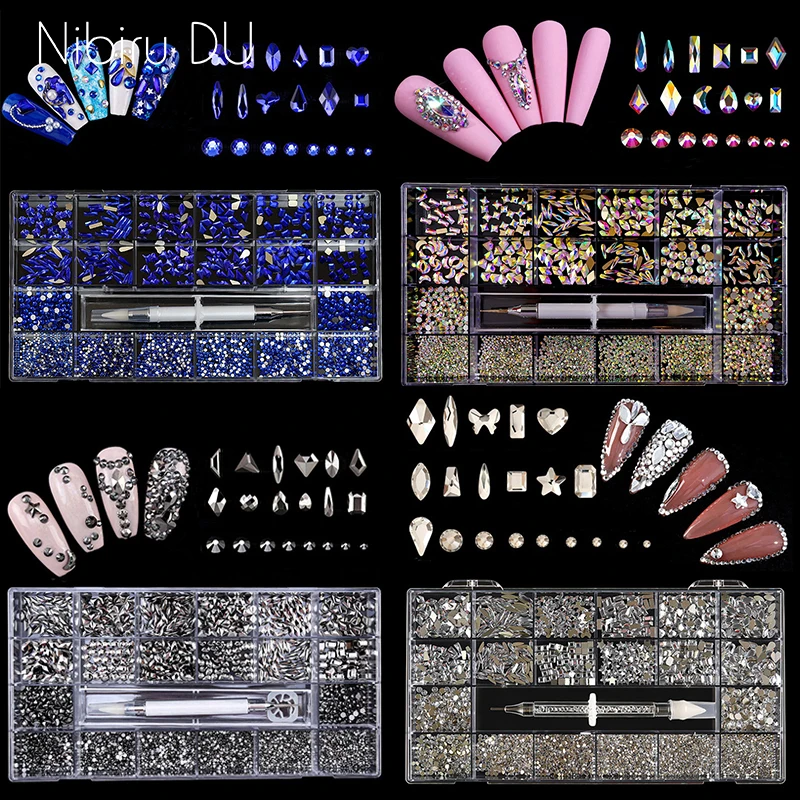 2800/3100pcs Luxury Shiny Diamond Nail Art Rhinestones Crystal Decorations Set Charms AB Glass Drill Pen In Grids Box 21 Shape