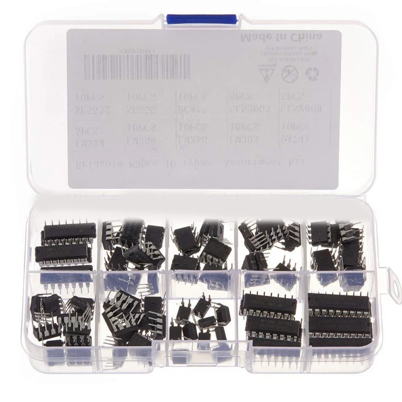 

IC Chips LM324 LM358 LM386 LM393 UA741 NE5532 NE555 PC817 ULN2003 ULN2803 Integrated Circuit Chips Kit 85 Pieces Drop Shipping