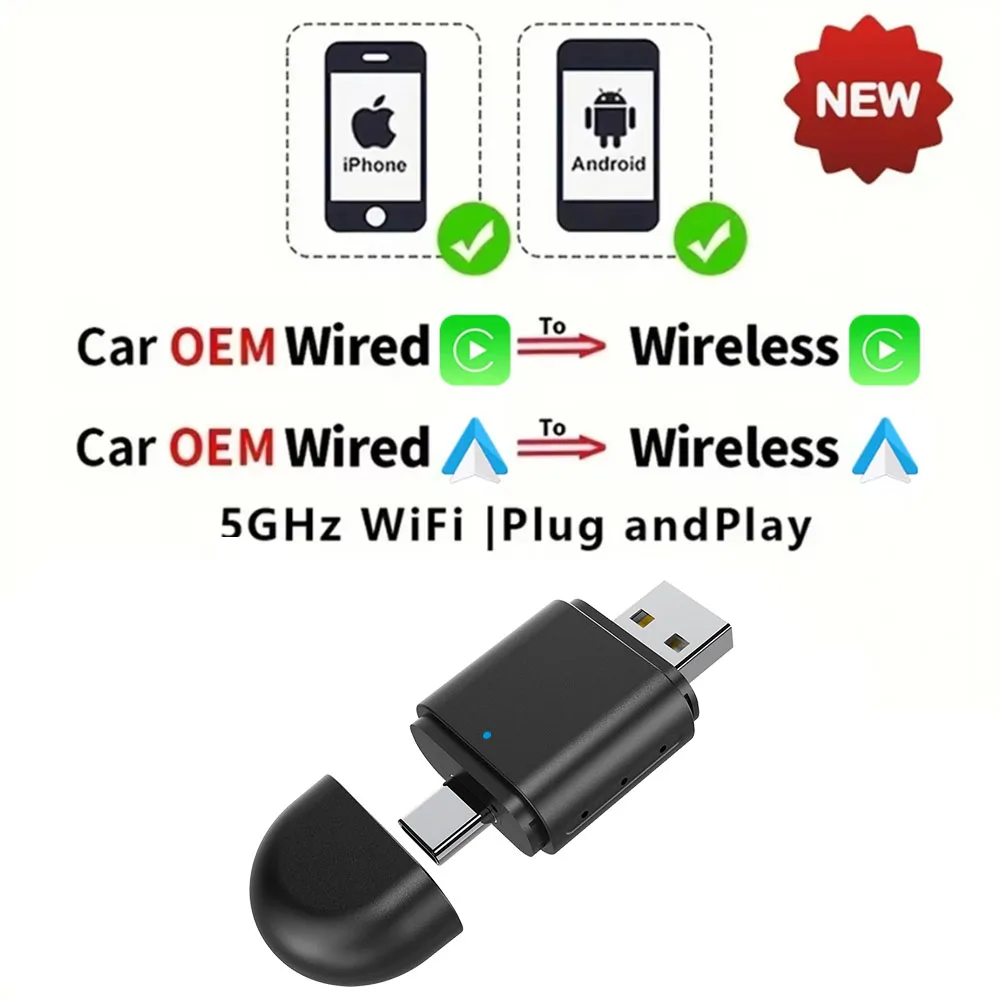 

Беспроводной адаптер CarPlay 2 в 1, Android Auto Apple Carplay, мини-адаптер AI Box Plug and Play, Wi-Fi, USB Type C, подключение, автомобильные аксессуары