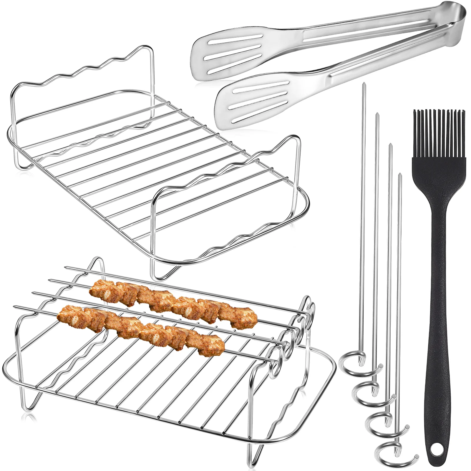

12 Pcs Skewers Grill Set Roasting Rack Air Fryer Baking Cake Kit Dehydrator Racks Microwave Cooking Silicone Brush