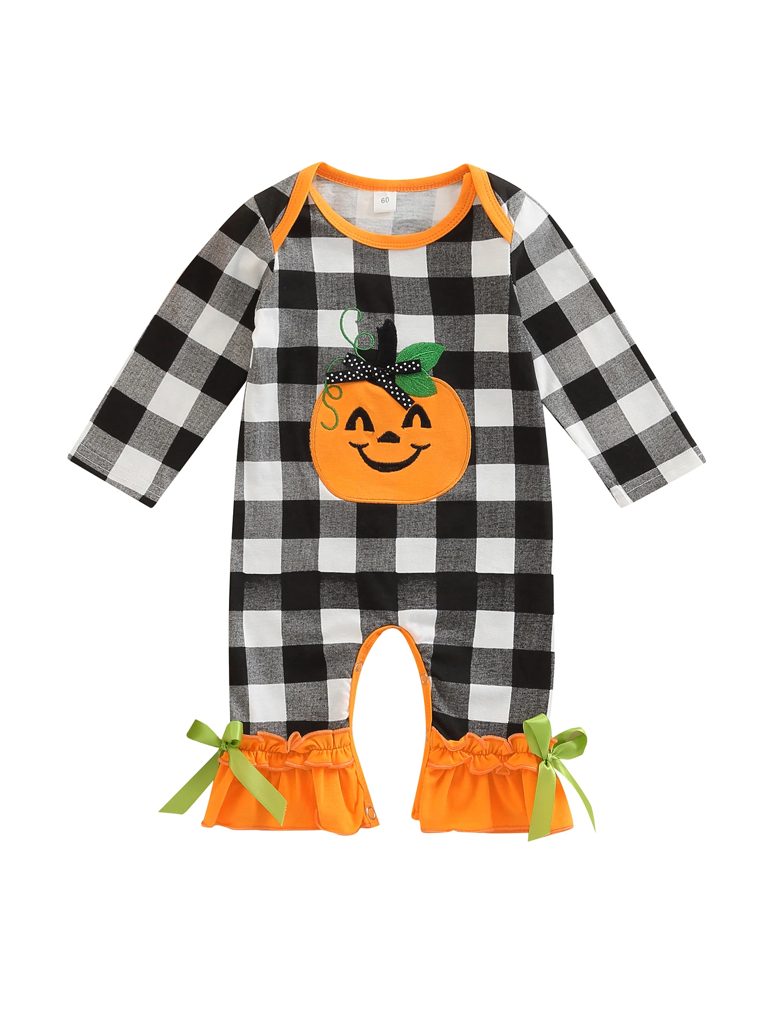 

Комбинезон для новорожденных девочек на Хэллоуин с вышивкой тыквы с длинными рукавами клетчатый расклешенный комбинезон для малышей