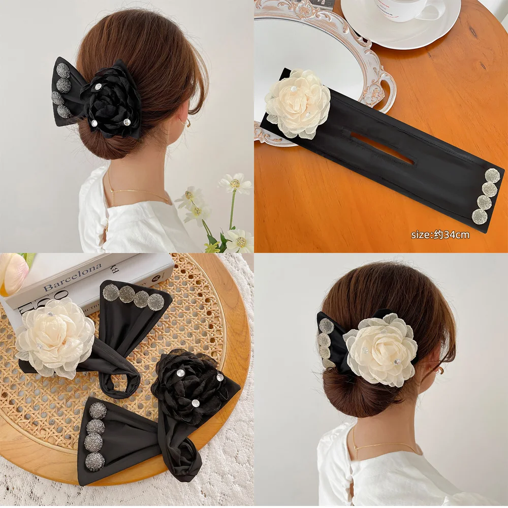 

Headband Roller lazy magic twist clip Bow headwear hairpin female high-end silk yarn camellia ball head disc hair artifact