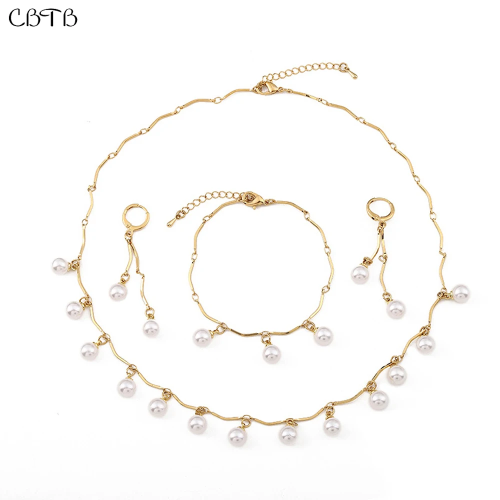 

Fashion Tassel Pearl Necklace/Earrings/Bracelet Luxury Design Gold 18K Original Jewelry Sets for Women Bride Wedding Accessories