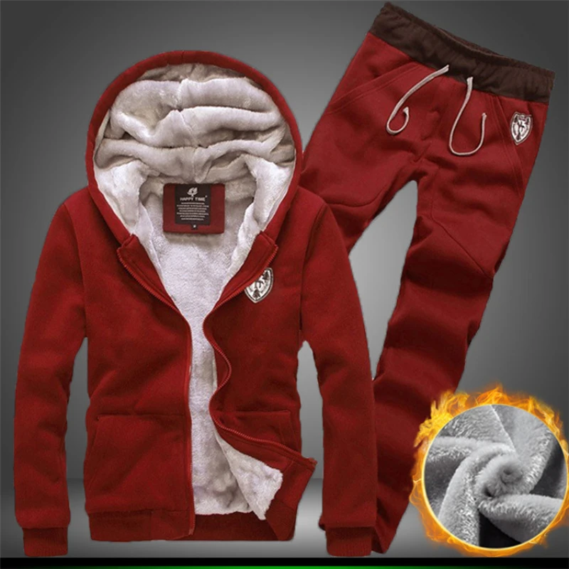 Autumn Winter Hooded Jacket + Sweatpants 2 Piece Set Men Fashion Cashmere Casual Suit Long Sleeve Cardigan Sport Sweatshirt Suit