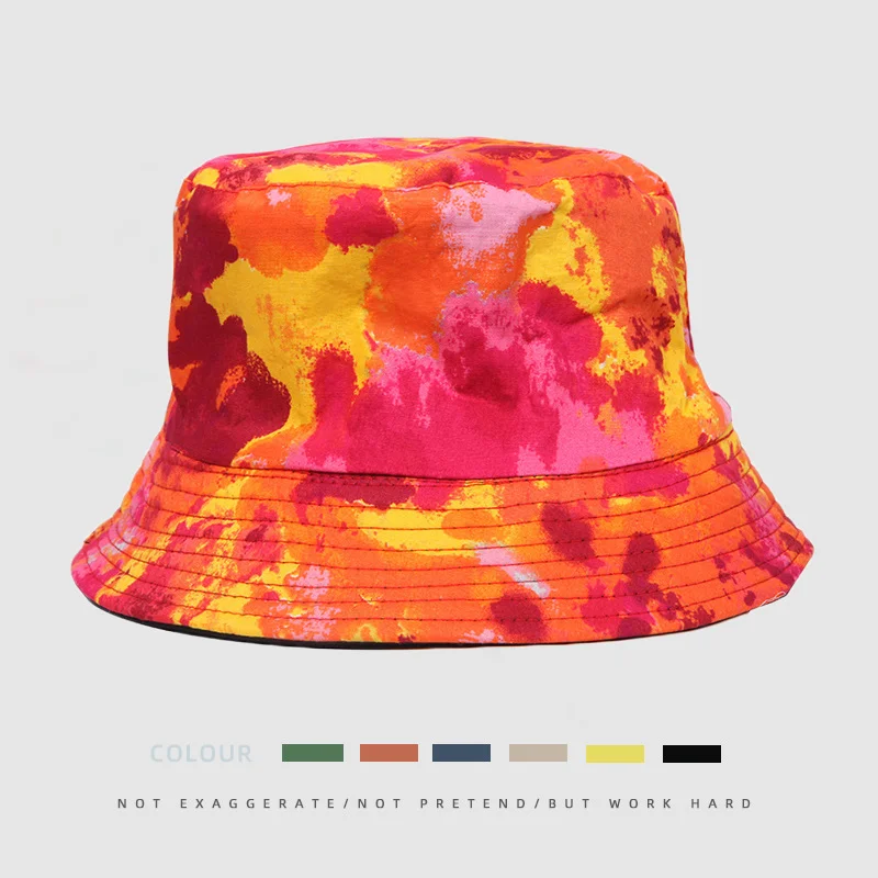 

Summer New Print Multicolor Tie Dye Bucket Hat Women Outdoor Travel Flat Top Panama Bob Boy Girl Two Sided Fisherman Hat