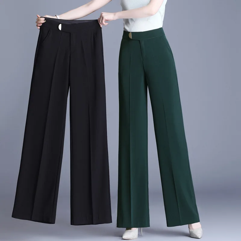 M-6XL Women Wide Leg Pants Spring Summer Office Wear Green Straight Pants Woman Vintage High Waist Female Trousers Mujer