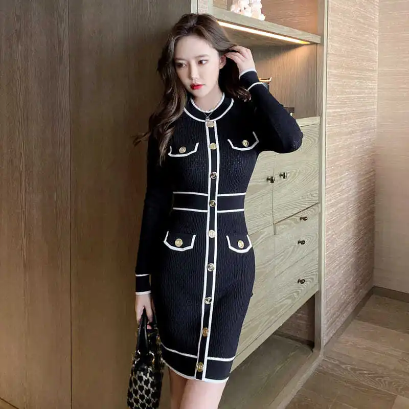 

Women Bodycon Dress Vintage Long Sleeves Slim Party Fashion Female Black Dresses Package Hip Vestidos Woman 2022 Clothing E370