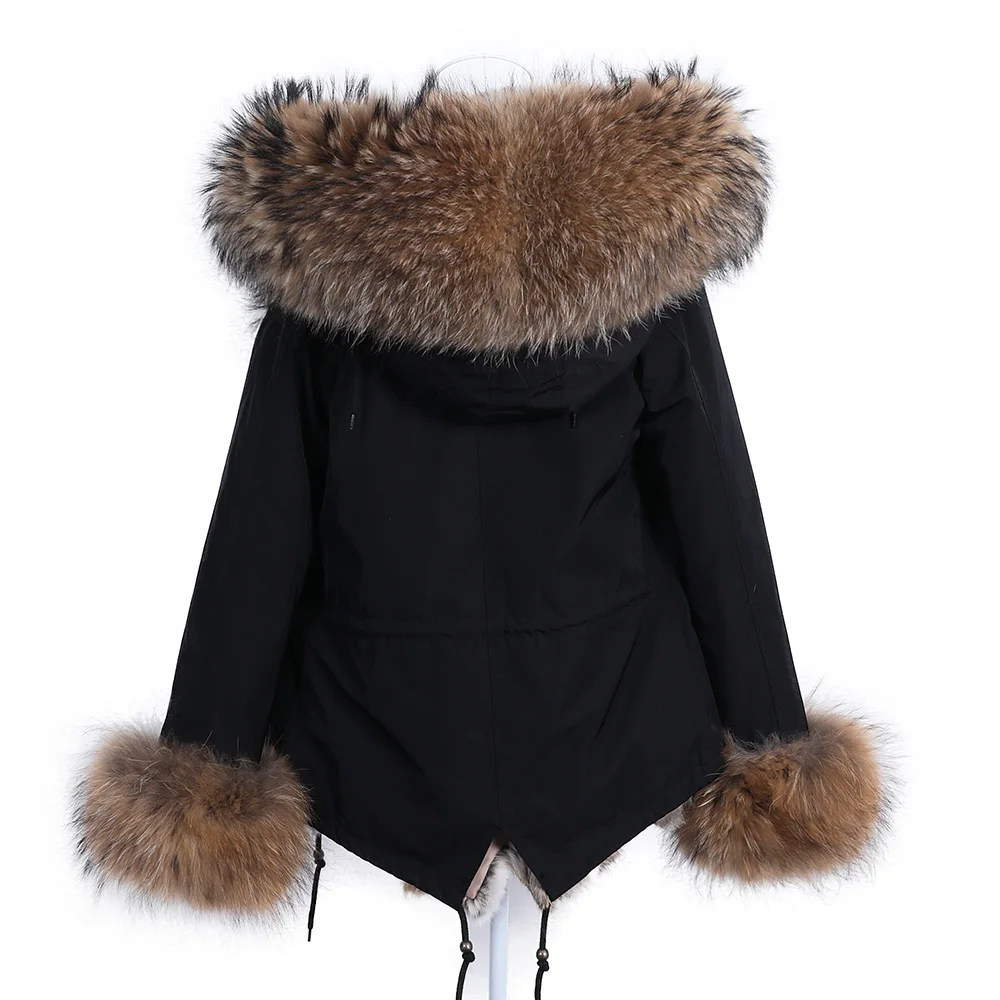 Winter Real Rabbit Fur Coat Women Short Jacket Waterproof Parkas Rex Rabbit Liner Removable Raccoon Fur Collar Hooded Outwear