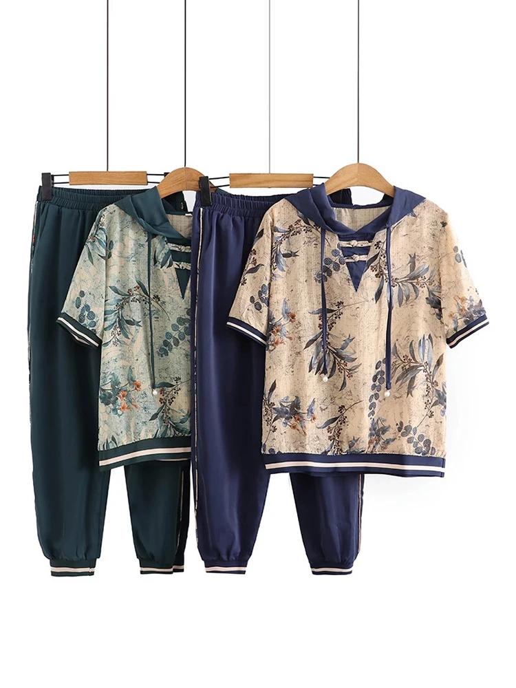 

Summer Outfits Oversized Casual Short Sleeved Two Piece For Women 2023 Hooded Floral Top+Elastic Waist 8 Point Pants Suits 5XL