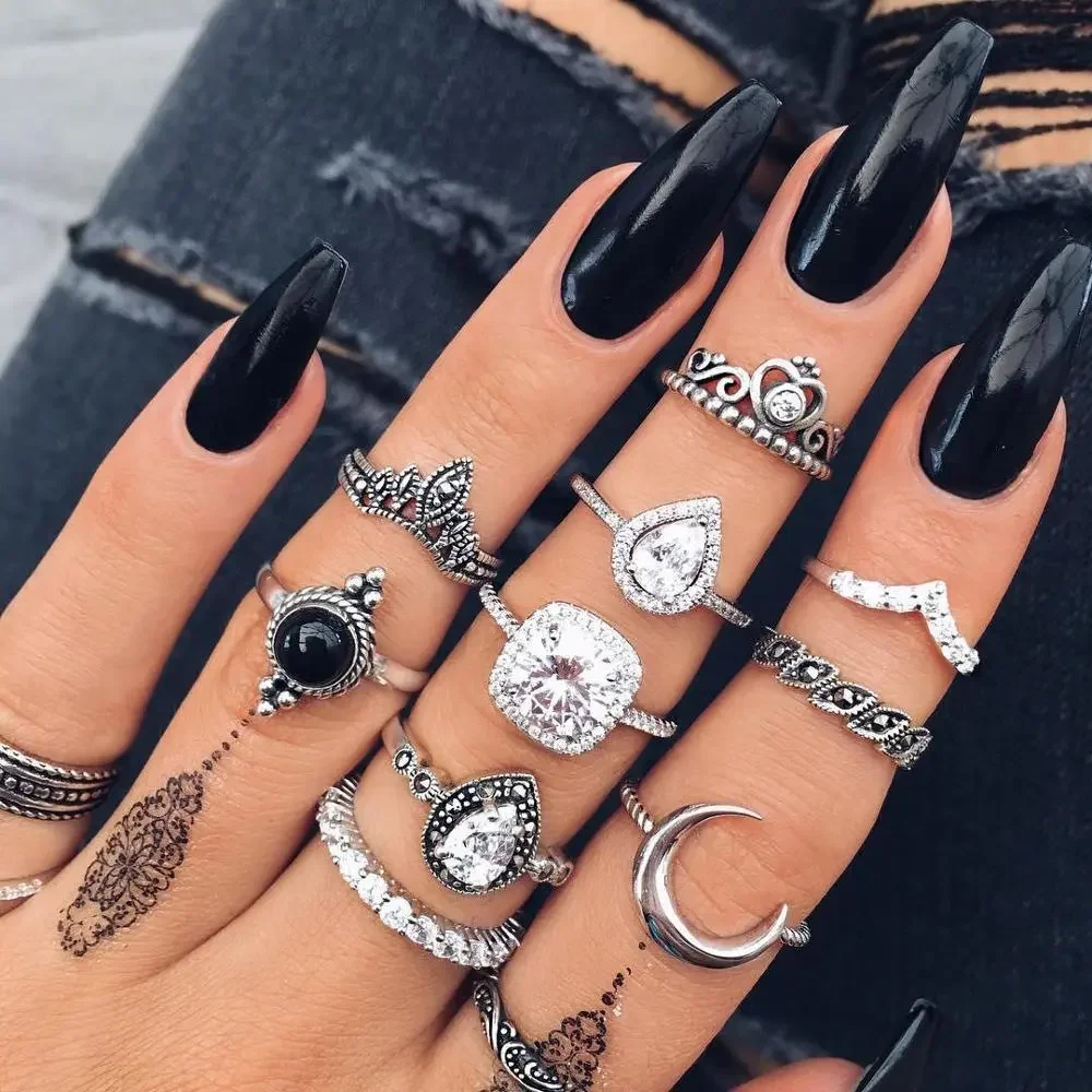 

Women crystal Finger Knuckle Rings Set For Girls Moon lotus Charm Bohemian Ring Fashion Jewelry Gift