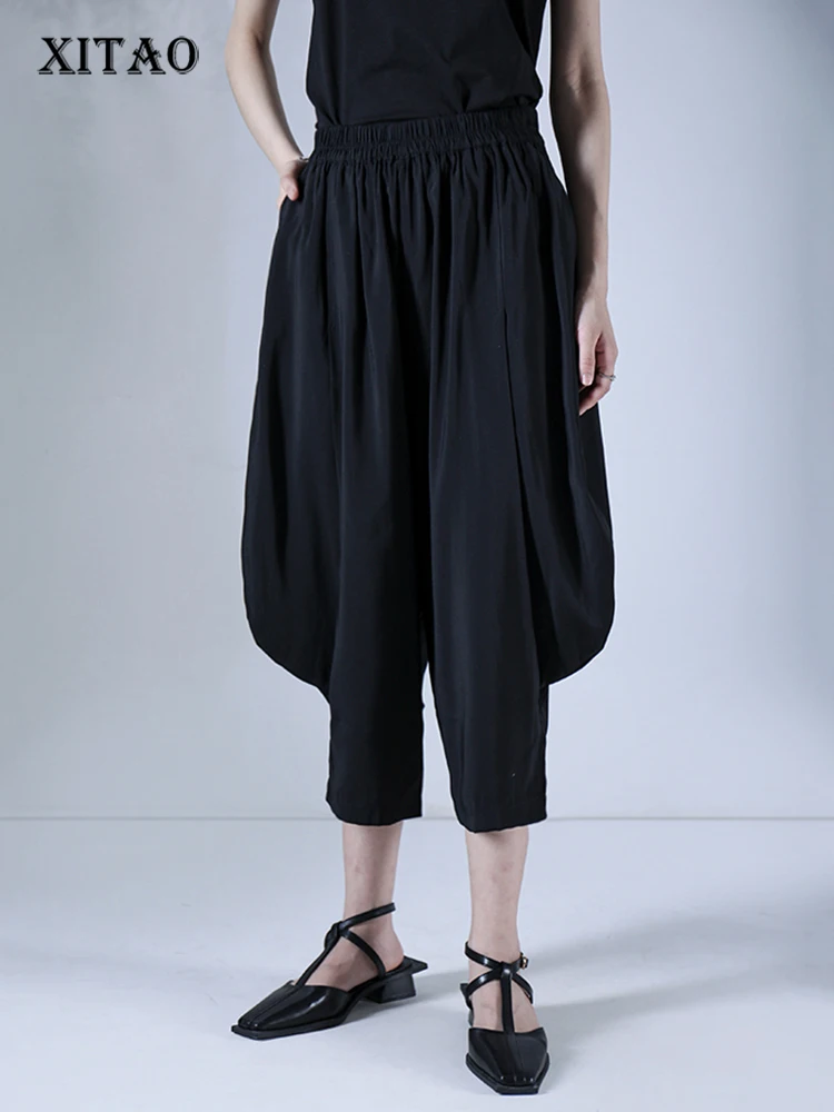 

XITAO Black Women Pleated Pants Elastic Waist Pocket Solid Color 2022 Summer Minority Loose Style Full Length Pants WLD8102