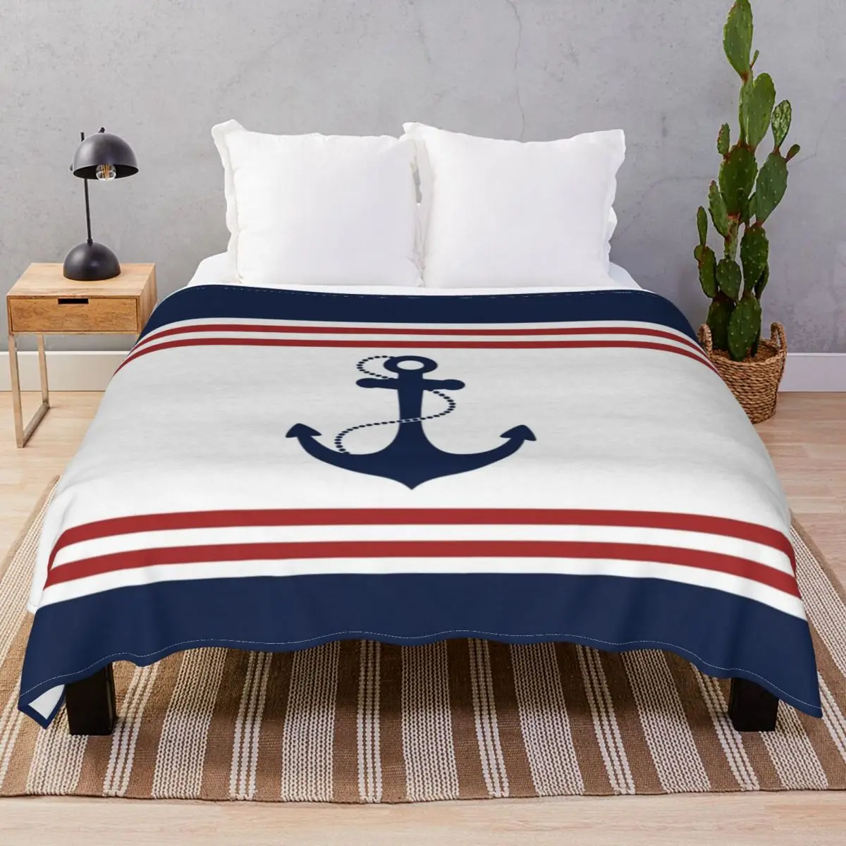 Nautical Anchor Blanket Flannel Plush Decoration Breathable Throw Blankets for Bed Sofa Camp Cinema