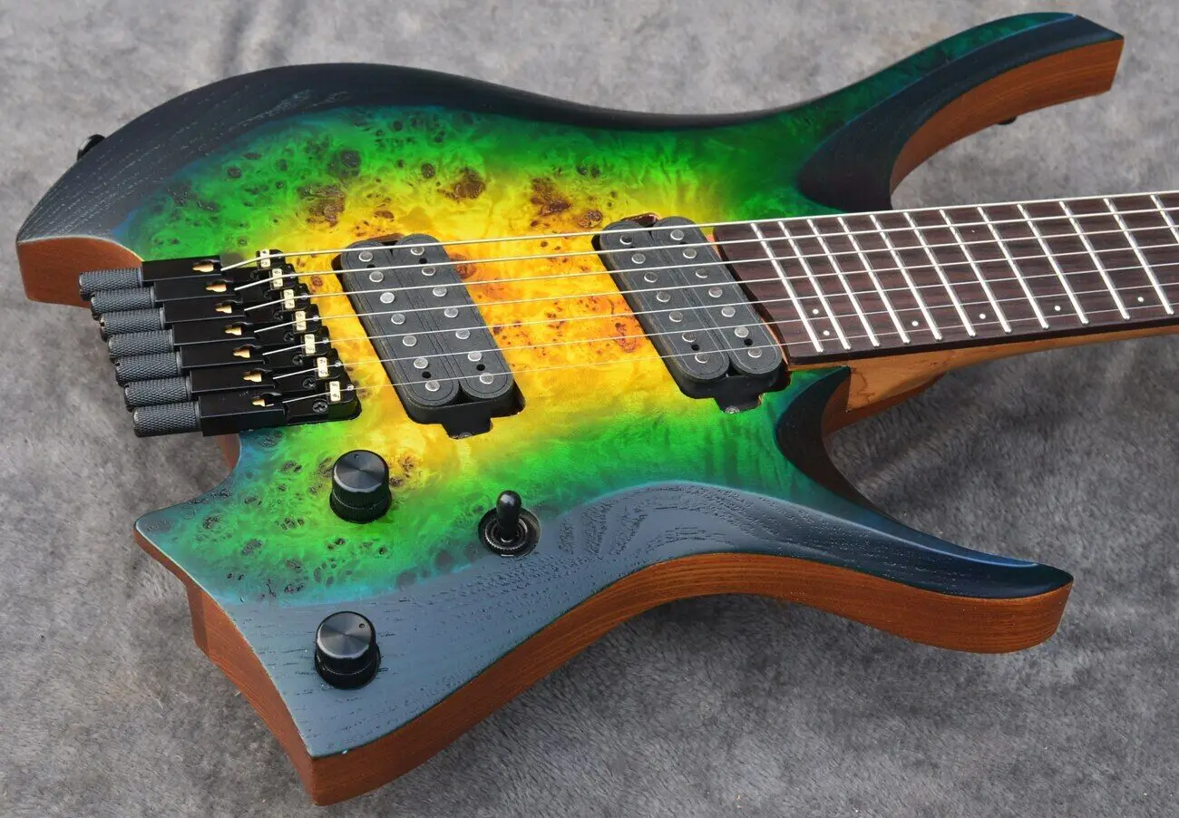 

New 7 Strings Headless Electric Guitar Green Burst Color Roasted Maple Neck