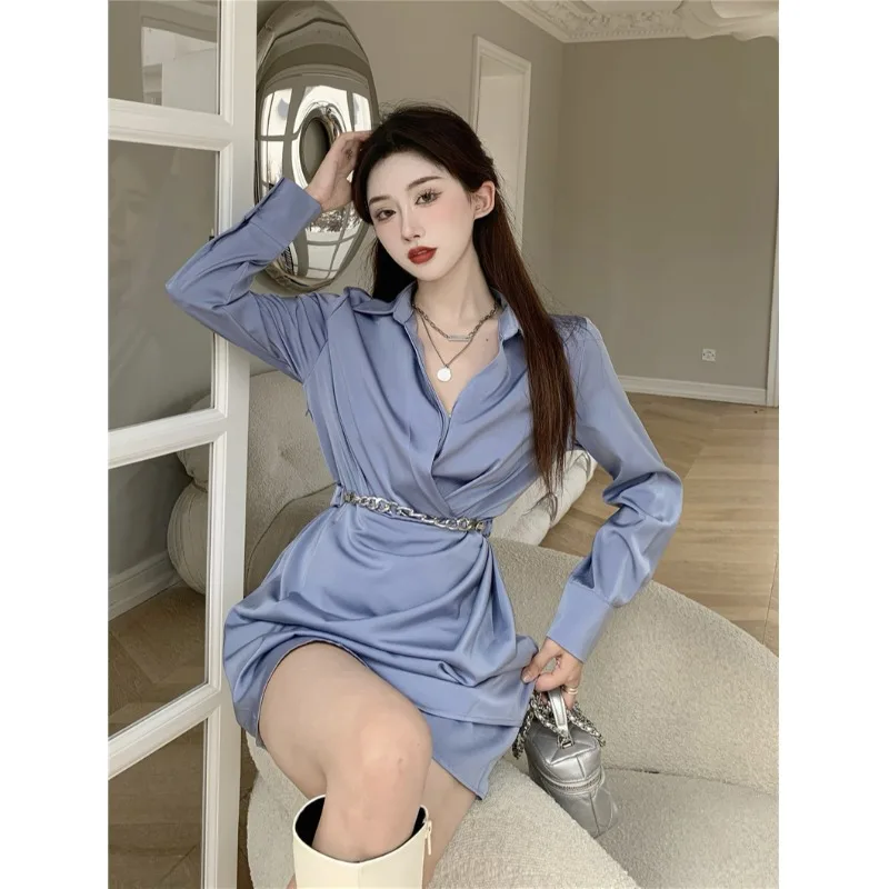 

2022 Summer New French Style Light Mature Style Dress Irregular Waist Long Sleeve Satin Shirt Skirt Children Za Fashion Elegant