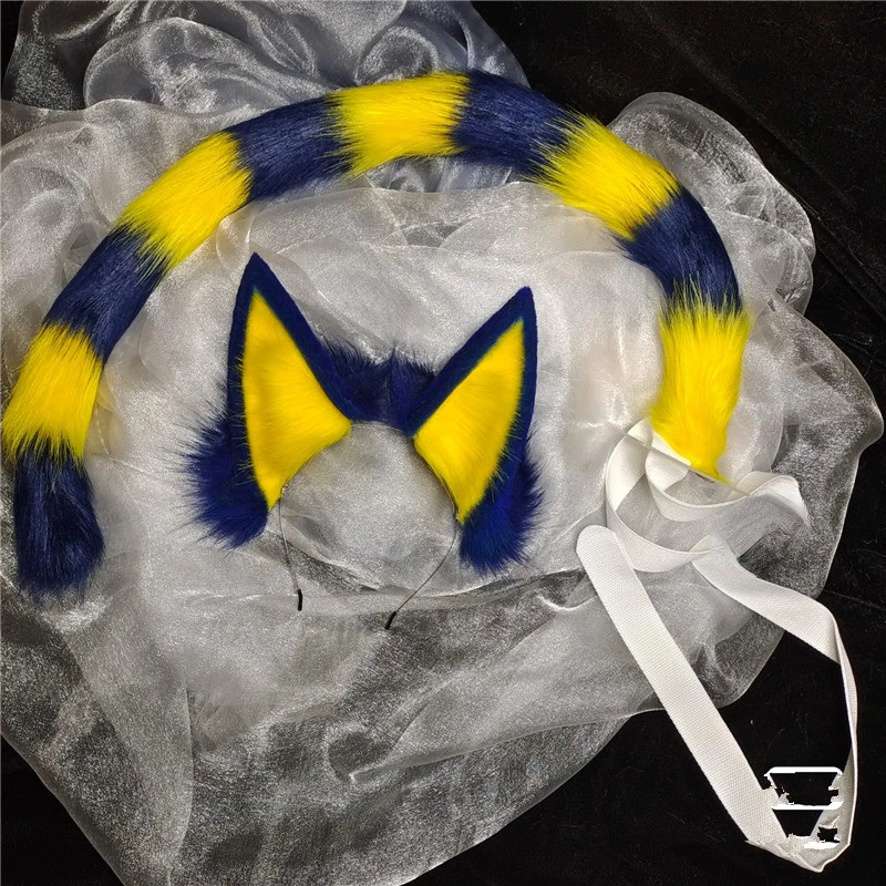 Обруч для волос с кошачьими ушками желтый и синий хвост от пересечения животных
