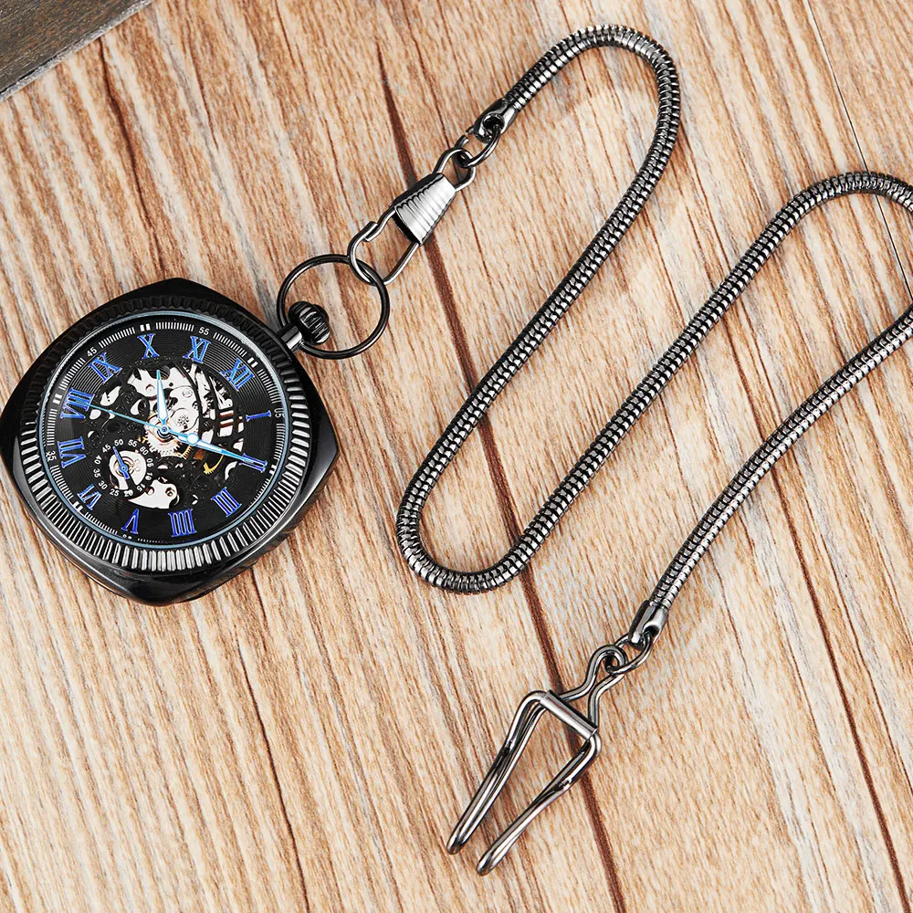 Retro Antique Black Golden  Mechanical Pocket Watch Men Women Blue Roman Numerals Dial Clock Luxury  Skeleton FOB Chain Watches