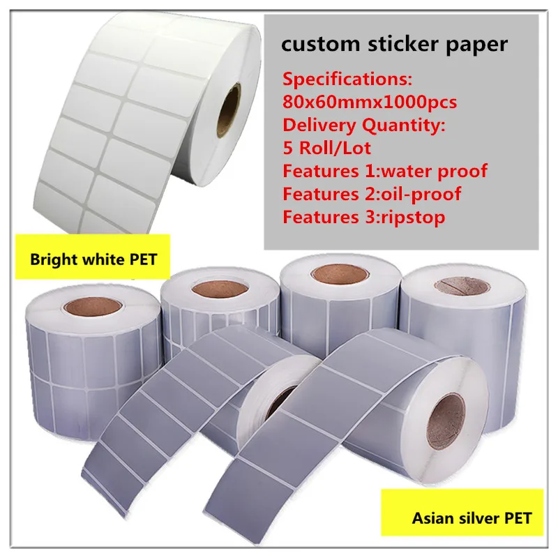 Customized thermal transfer bright white PET barcode printing paper 80x60mmx1000pcs 5 Roll Vself-adhesive printing stickers