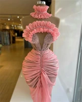scallopod seersucker mermaid evening dresses pink pleat prom dress sleeveless lllusion party gowns vestidos de fiesta