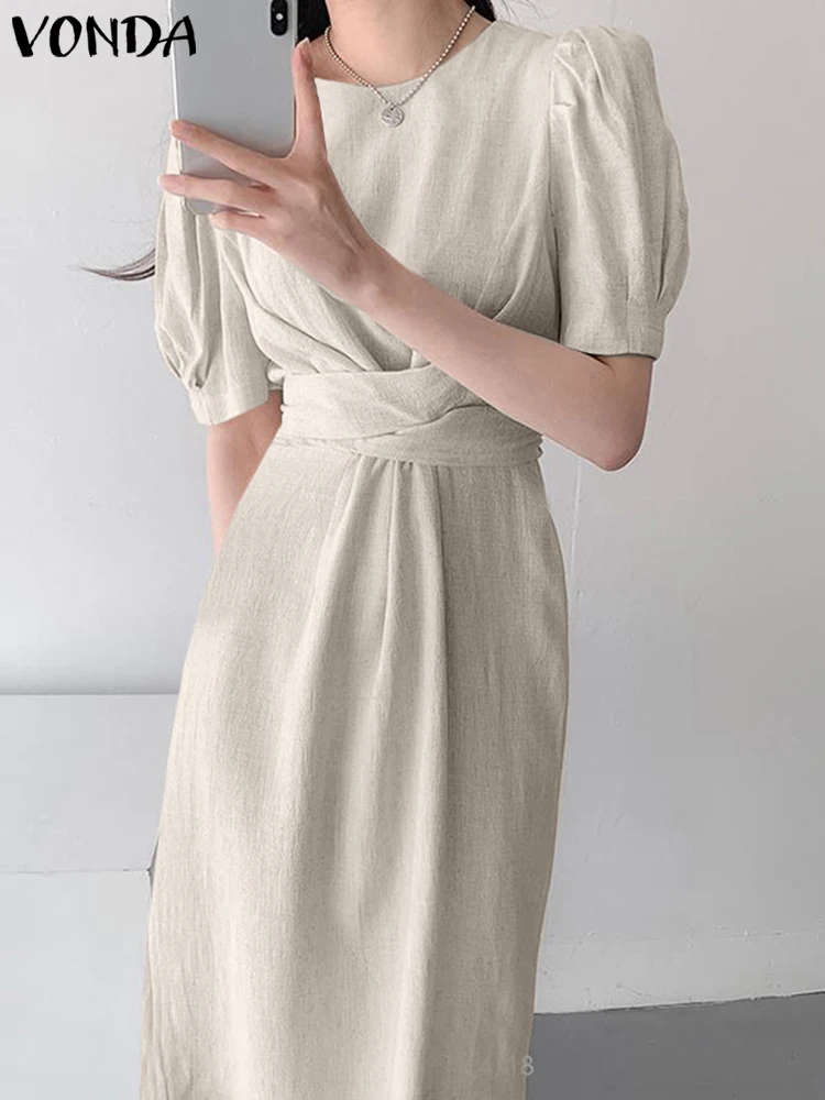 

Женское винтажное платье VONDA 2022, повседневное однотонное платье с пышными рукавами, летнее платье-туника, женское платье, повседневные женс...