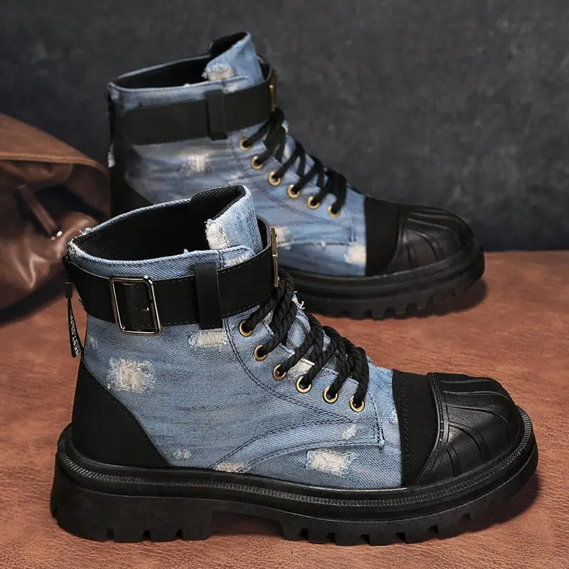 

Men's Shoes Fall High Top British Style Pure Black Casual Motorcycle Leather Boots Mid-Top Boys High Heel Work