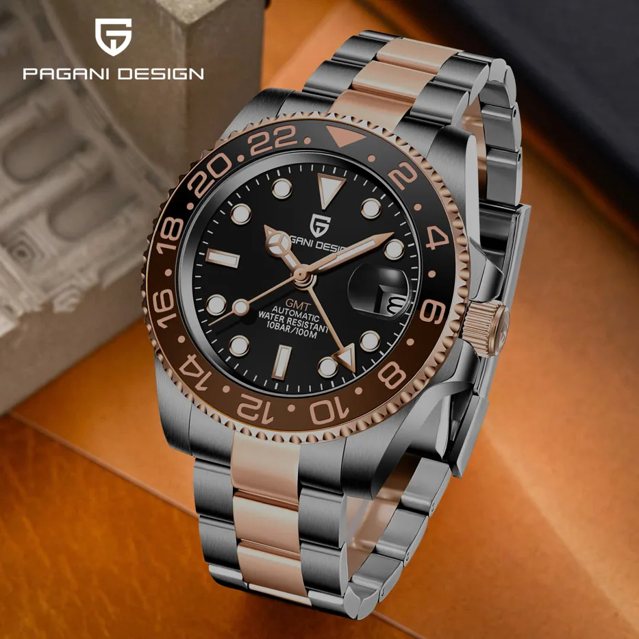 

PAGANI DESIGN GMT Mens Luxury Luminous Mechanical Wristwatch 100M Waterproof Ceramic Bezel Sapphire Watches Full Steel Clock Man