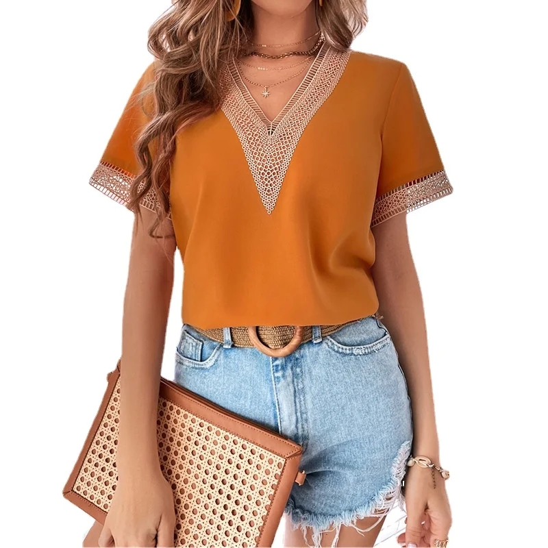 

Women's Summer New V-neck Lace Loose Temperament Commuter Short-sleeved Top