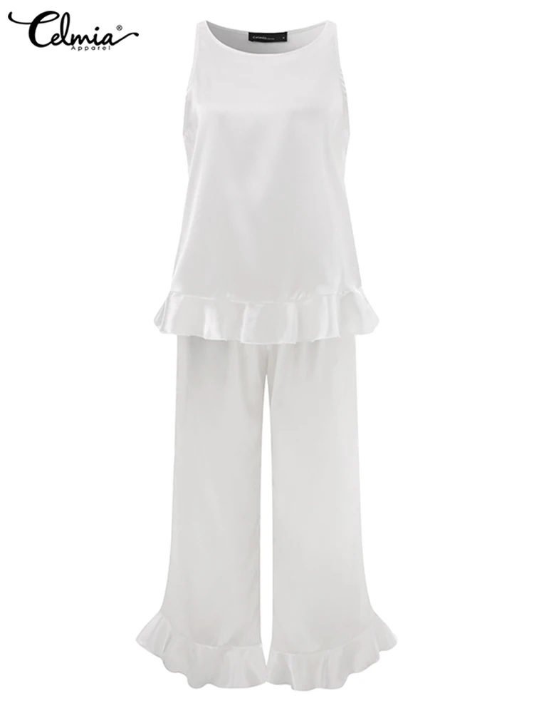 Summer Casual Loose 2PCS Pajamas Sets Women Sleeveless Tank Tops and Ruffle Wide Leg Trouser Sets Celmia Elegant Satin Sleepwear