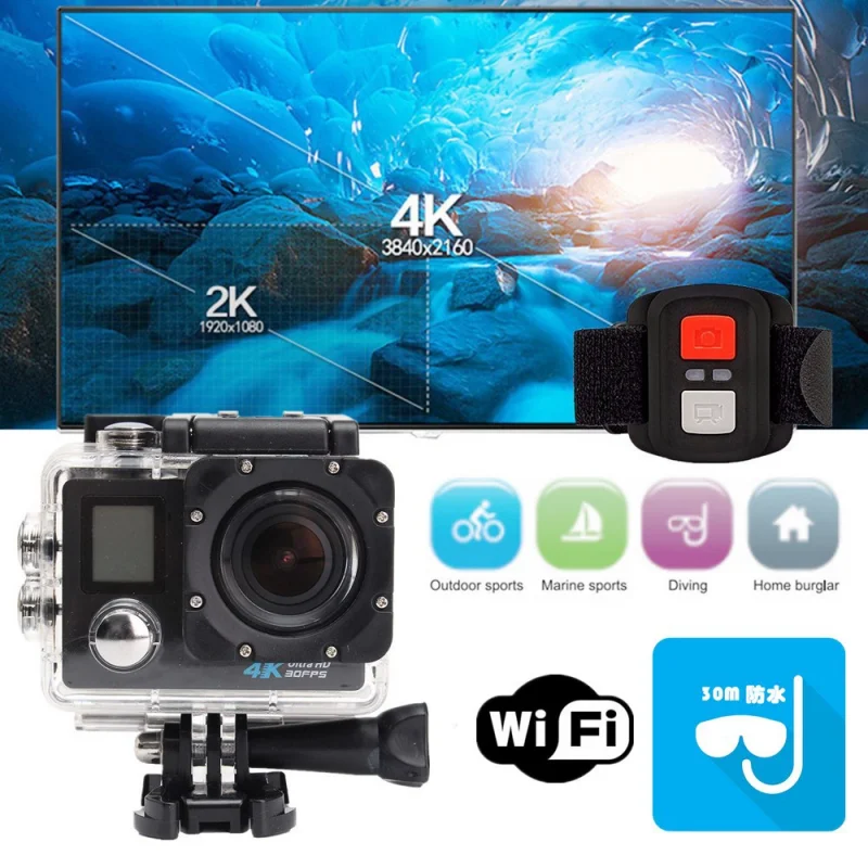 

4K HD Sports Camera DV 30M Diving Aerial Dual-Screen Camera with Remote Control Wifi Waterproof Action Camera for Helmet Bike