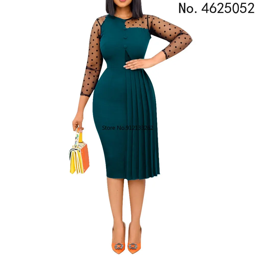 

Fashion Patchwork Pleated Dress Women Sexy Mesh Perspective Bodycon Slit Mid Dress Elegant Wedding Party Evening Vestido Female