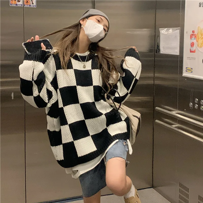 Autumn Winter Sweater Women Korean Fashion Plaid O-Neck Pullovers Streetwear Oversized Sweate Jumper Warm Long Sleeve Top