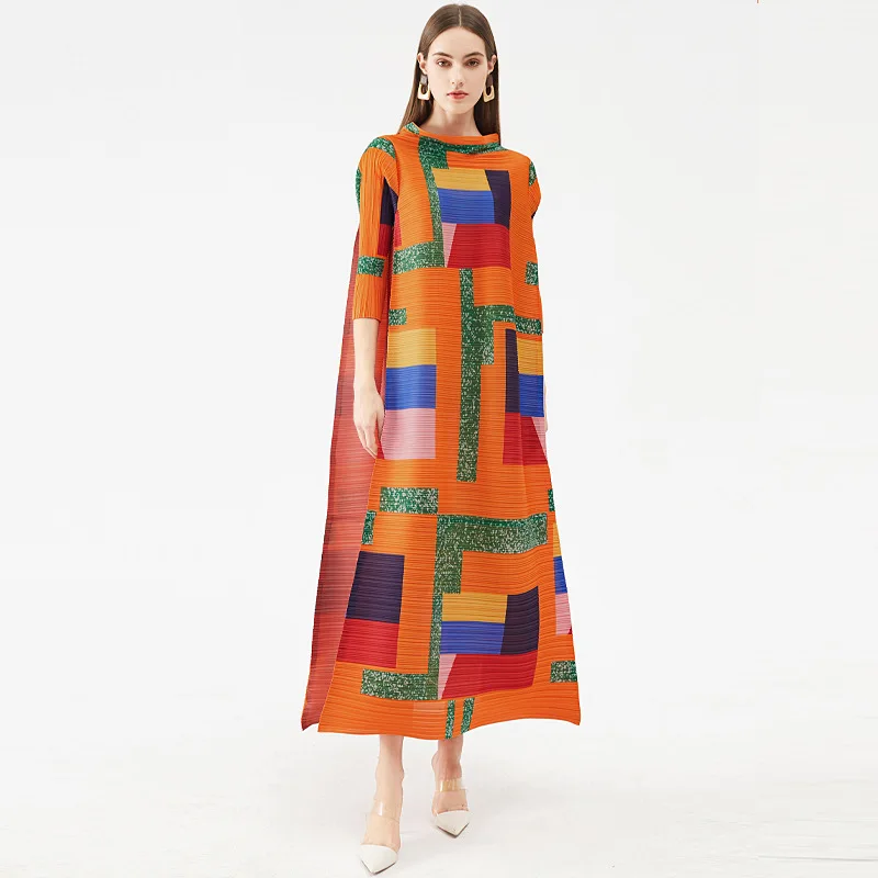 P00100# EAEOVNI Autumn Women's Dress Loose Printed Pleats Mid Waist Lace Up Three Quarter A-line Skirt Fold Commuting Style