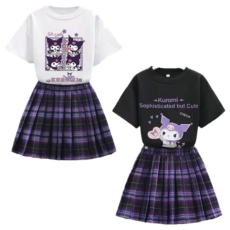 Kawaii Anime Sanrios Kuromi Printed Short Sleeved Top Pleated Skirt Cute Cartoon Girls' JK College Style Clothing Set T-shirt
