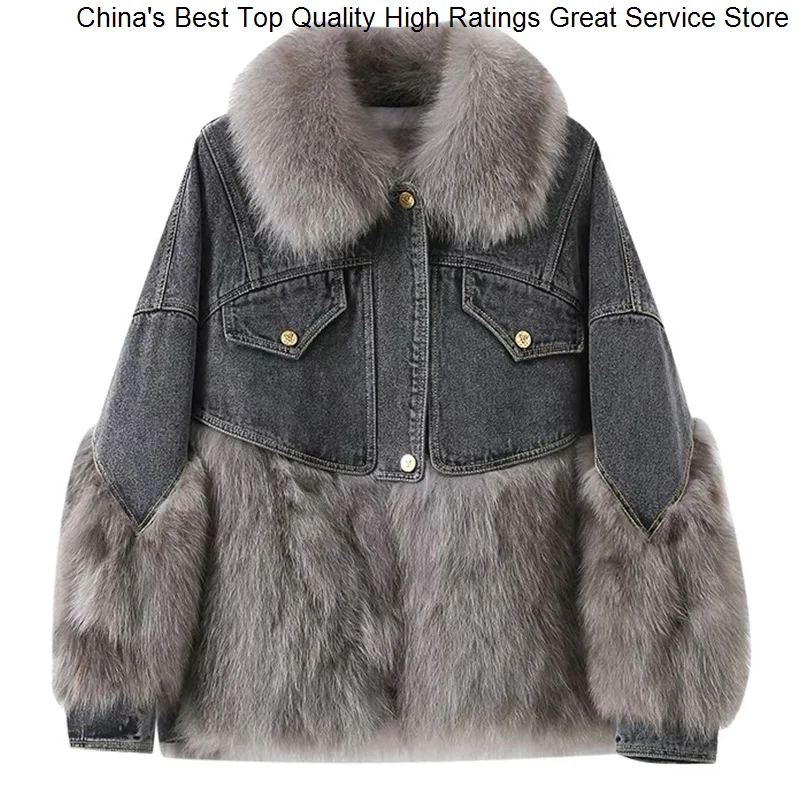 

Women Hwitex Heavy Denim Jacket Fox Winter Trench Jeans Parka Down Lined Jackets Real Fur Coat HW1073