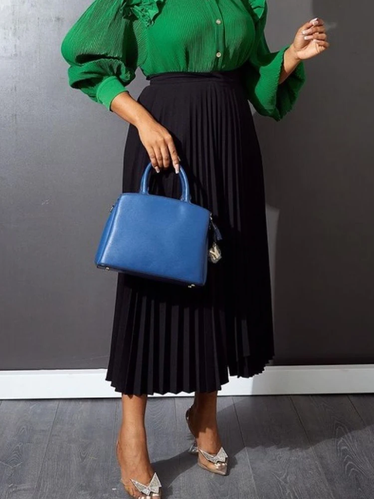 

Women Black Midi Skirt Pleated High Waist Elastic Band Pink Elegant Office Lady Work Wear Celebrate Event Classy Large Size Jupe