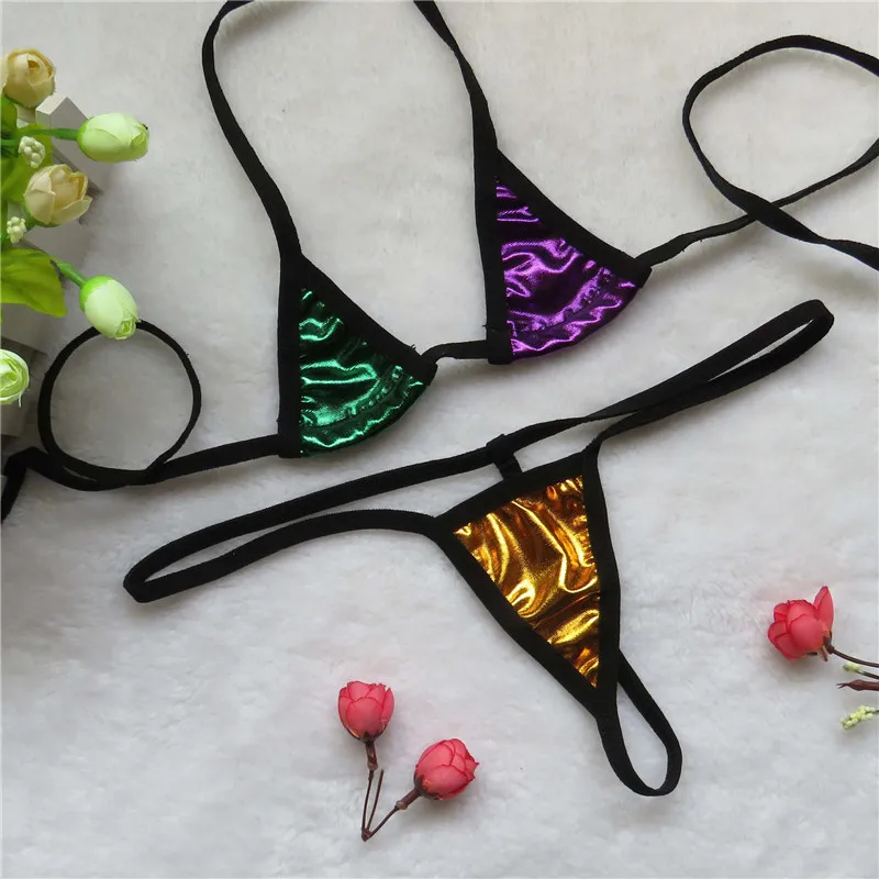 

micro bikini Sexy swimwear women swimsuit women biquini mini bikinis Patent leather Bright light Contrast Edging Triangle Halter