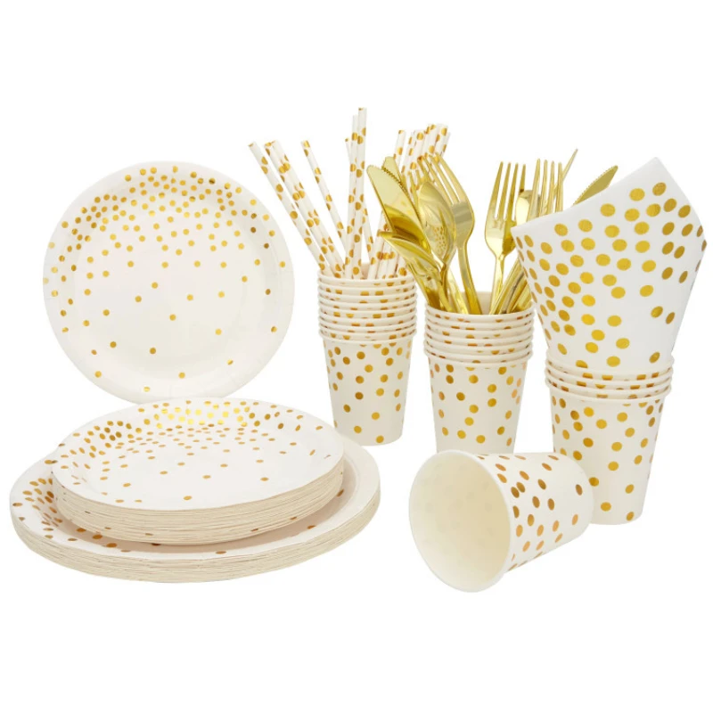 

Gold Party Disposable Tableware Set Paper Cups Plates Straws Cake Stand Table Decoration Wedding Birthday Party Supplies