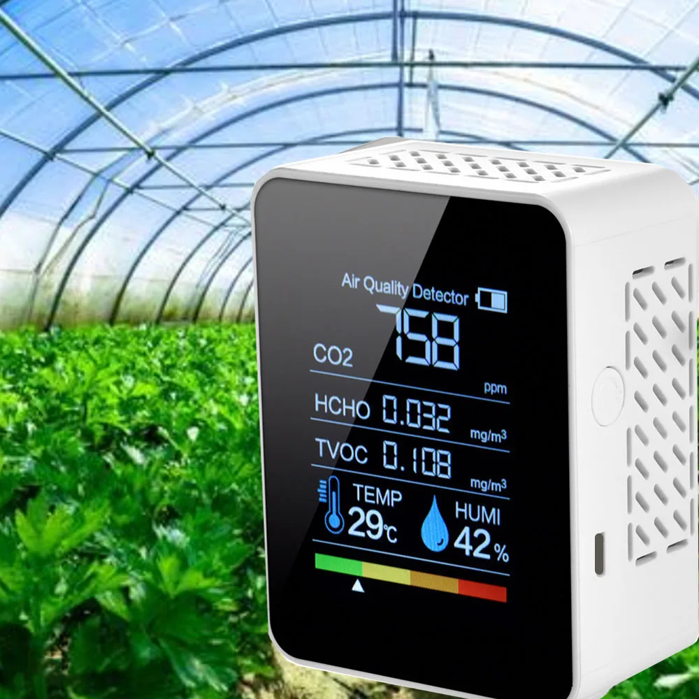 

Multifunctional 5in1 CO2 Meter Digital Temperature Humidity Tester Carbon Dioxide TVOC HCHO Detector Air Quality Monitor