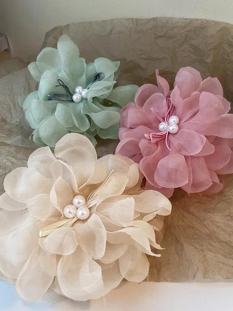 Женская Яркая розовая шифоновая Цветочная заколка для волос девушек