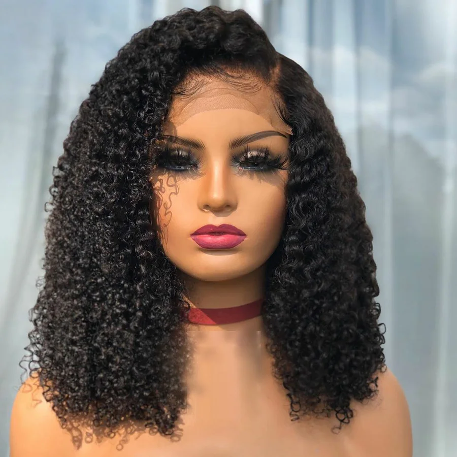 

Natural Black Preplucked Glueless 28Inch 180 Density Short Bob Kinky Curly Lace Front Wig For Women With BabyHair Daily Cosplay