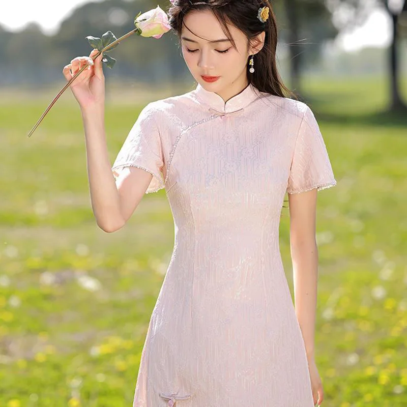 Новинка 2024 женское розовое винтажное короткое платье Cheongsam платья с короткими