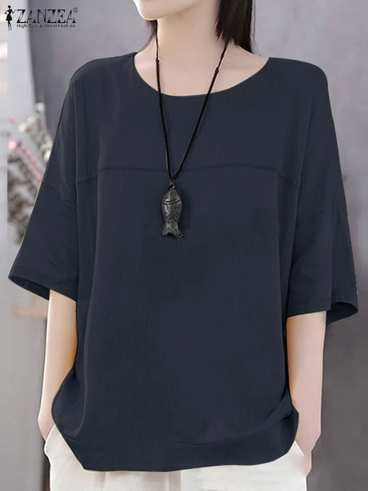 

ZANZEA Woman Holiday Beach Blouse Summer Casual Half Sleeve Cotton Loose Blouses Female Fashion Solid Street Chemise Oversized