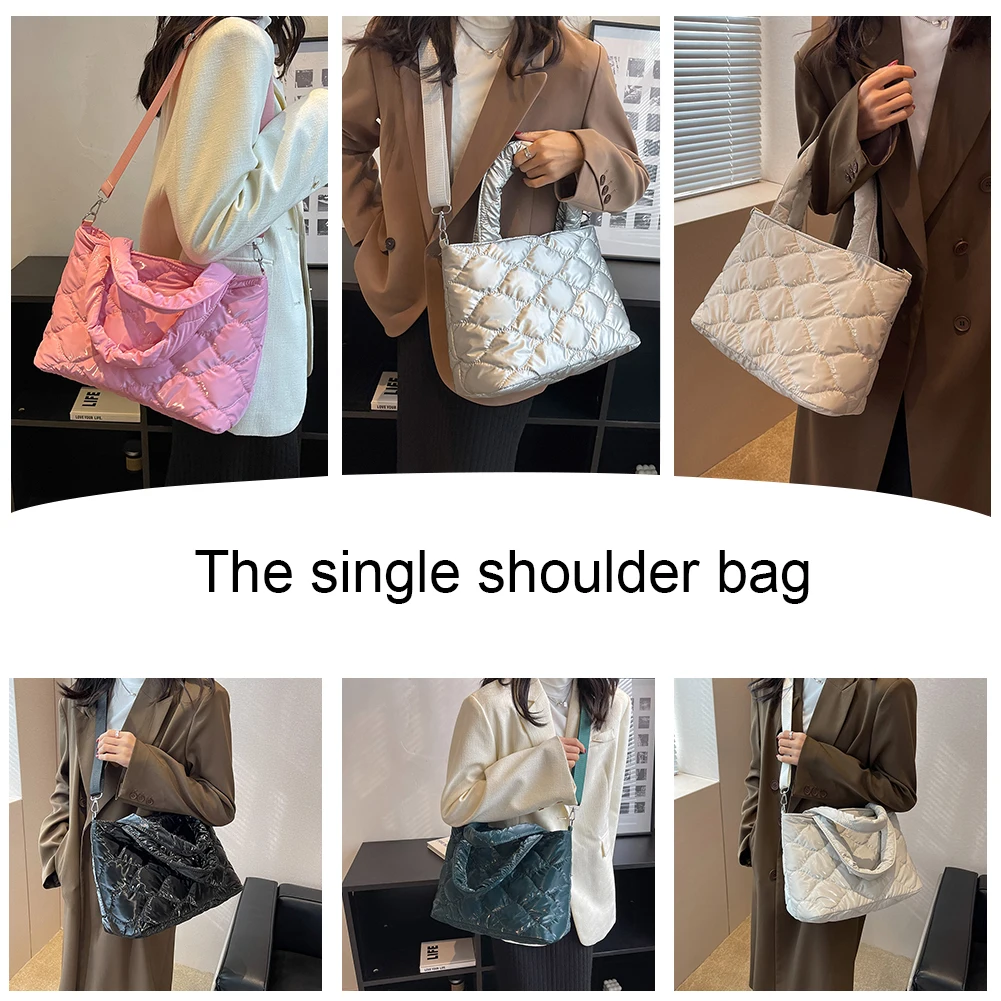 

Women Crossbody Bag Solid Color Nylon Cotton-padded Shopper Satchel Casual Zipper Winter Fashion Quilted Winter Women Tote