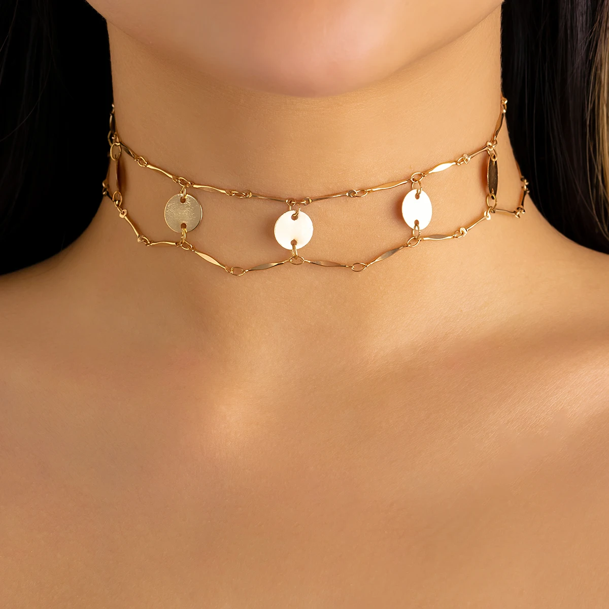 

IngeSight.Z Vintage Double Layers Sequins Link Chain Choker Necklace Women Charm Gold Color Metal Clavicle Chain Collier Femme