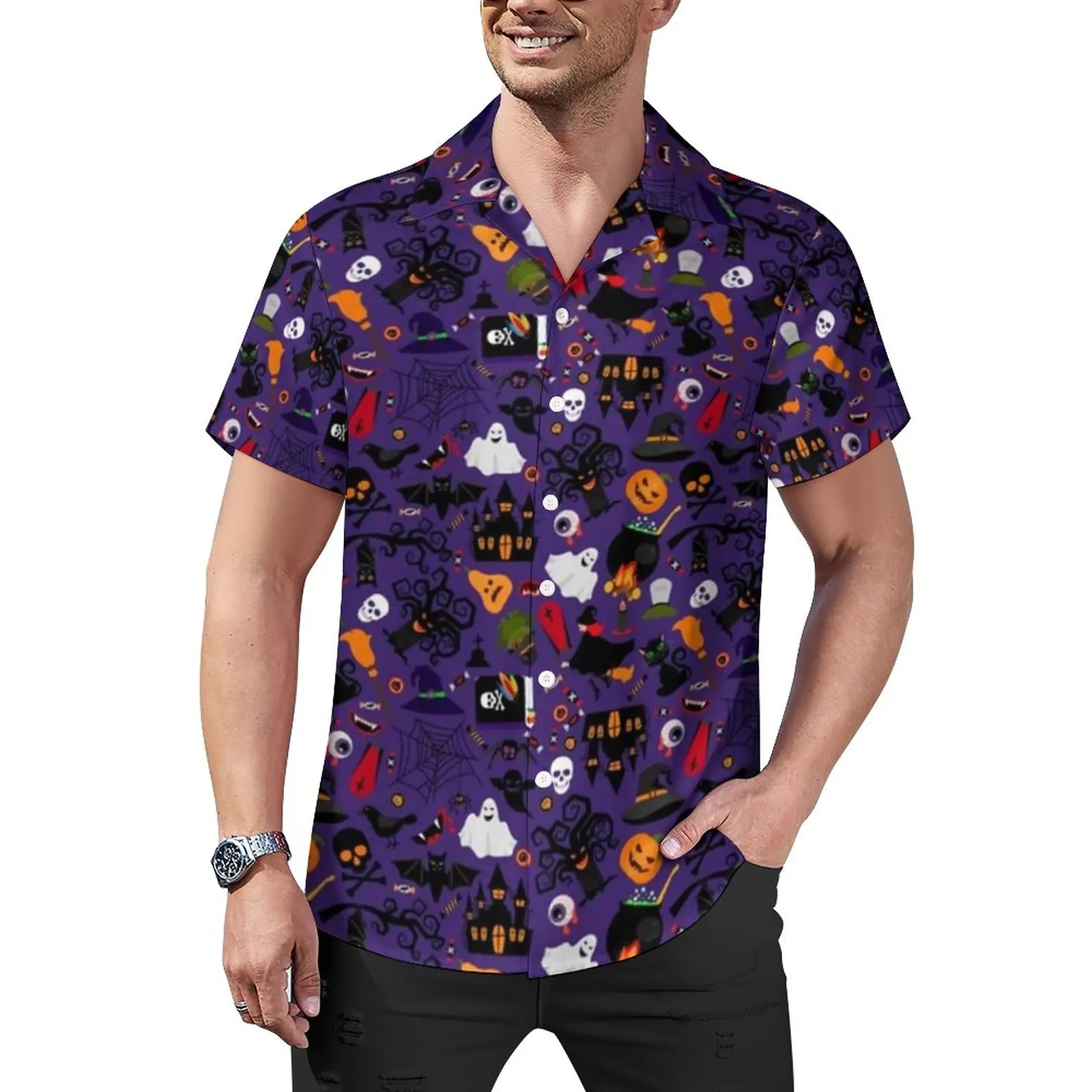 

Vintage Halloween Scary Casual Shirts Cartoon Ghots Cat Pumpkin Beach Shirt Hawaii Trending Blouses Male Print Plus Size 3XL 4XL