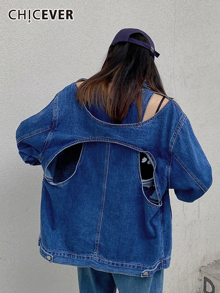 

CHICEVER Solid Patchwork Coat For Women Lapel Collar Long Sleeve Single Breasted Loose Denim Jackets Female 2022 Spring Clothing