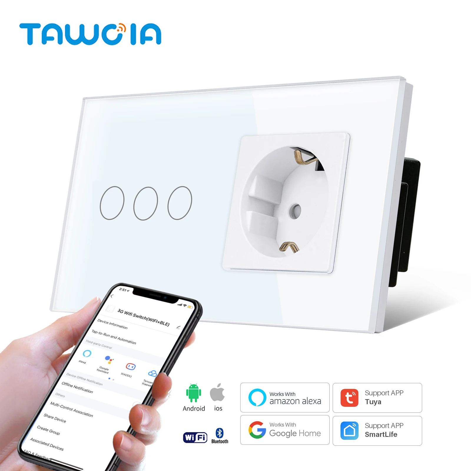 

Normal Socket With WiFi Light Switch, Work With Alexa Google Home, Glass Touch Screen,3x1Way, 16A Socket, Neutral Line Required